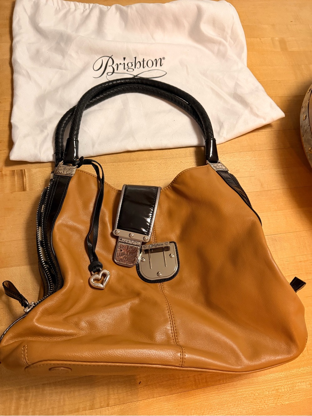 Brighton Tan and Black Leather Shoulder Bag Linda Dark Honey w/zebra